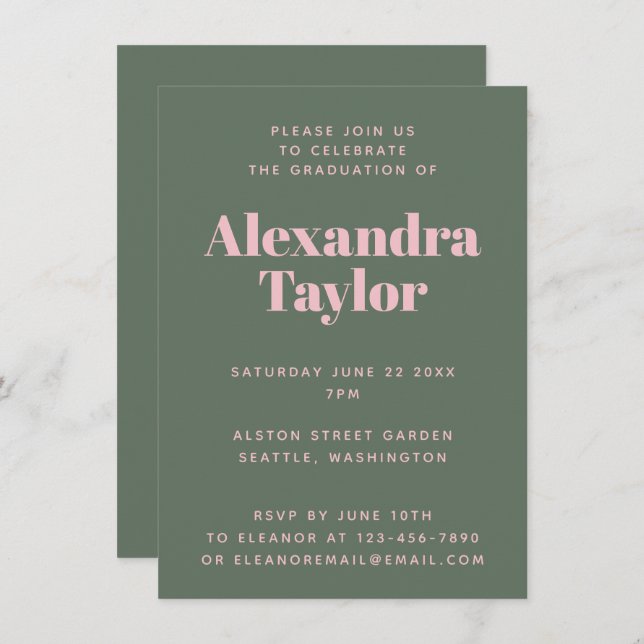 Invitation Retro Pink Green mignonne Soirée de Graduation est (Devant / Derrière)