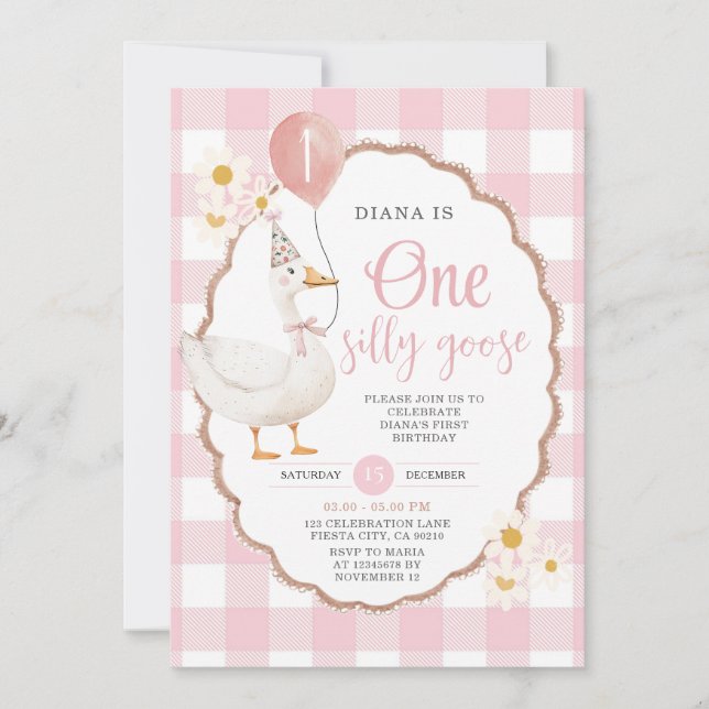 Invitation Retro Pink One Silly Goose 1er anniversaire (Devant)