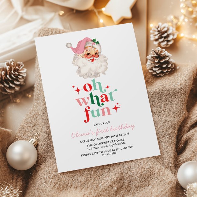Invitation Retro Pink Père Noël oh quel plaisir anniversaire (Créateur téléchargé)