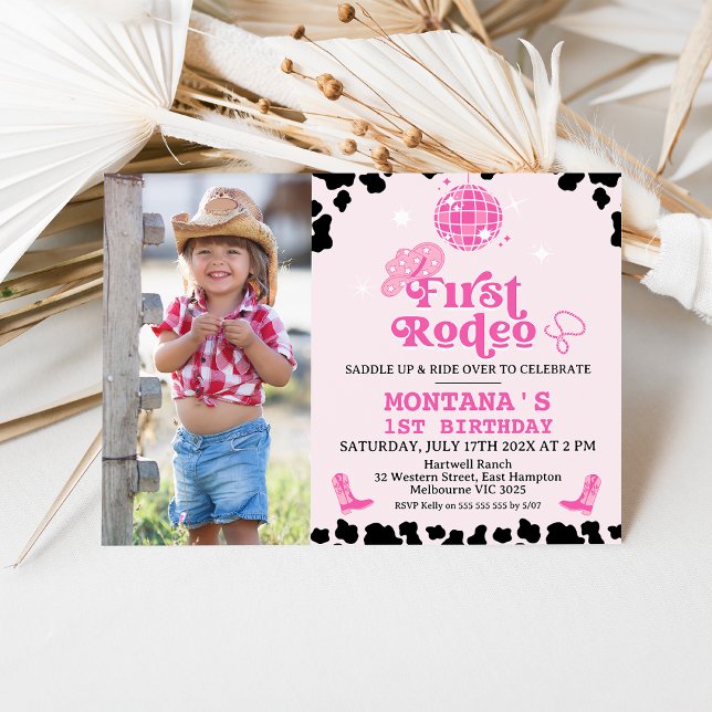 Invitation Retro Pink Photo Disco Premier Rodéo 1er Anniversa (Photo Cowgirl First Rodeo Invitation, 1st Rodeo Invite, Southwestern Ranch Wild West Western Invite)