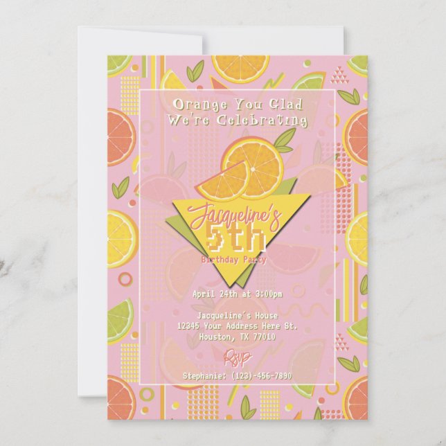 Invitation Retro Pink Summer Citrus Fruit Birthday (Devant)