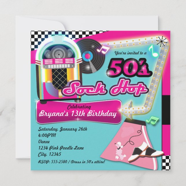 Invitation rétro pour fête d'anniversaire SOCK HOP (Devant)