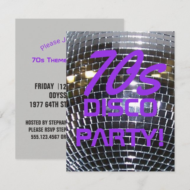 Invitation Rétro pourpre de partie des années 70 de la soirée (Devant / Derrière)