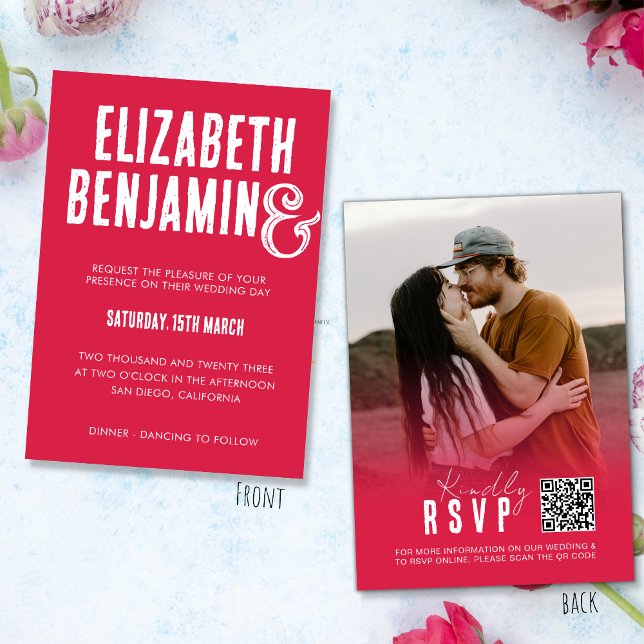 Invitation Retro QR Code RSVP Photo Magenta Mariage (Créateur téléchargé)