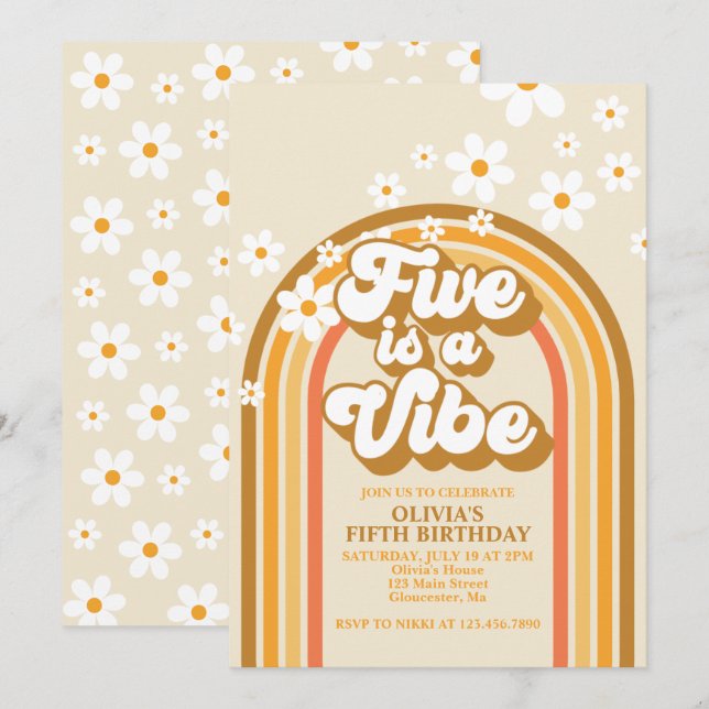 Invitation Retro Rainbow FIVE est un Vibe Super 5e anniversai (Devant / Derrière)