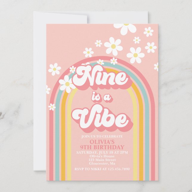 Invitation Retro Rainbow Nine est un Vibe Super 9e anniversai (Devant)