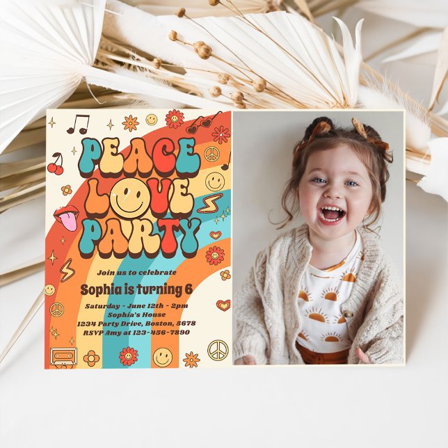 Invitation Retro Rainbow Peace Love Party 6e anniversaire Pho (Créateur téléchargé)