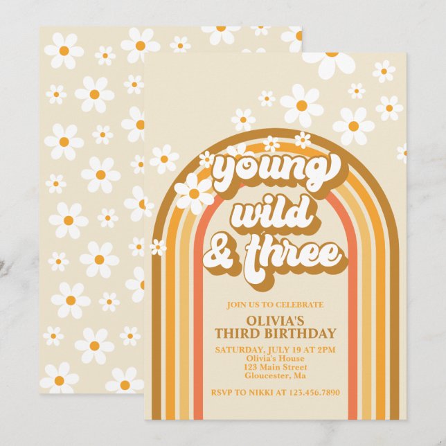 Invitation Retro Rainbow Young Wild et trois Anniversaire (Devant / Derrière)
