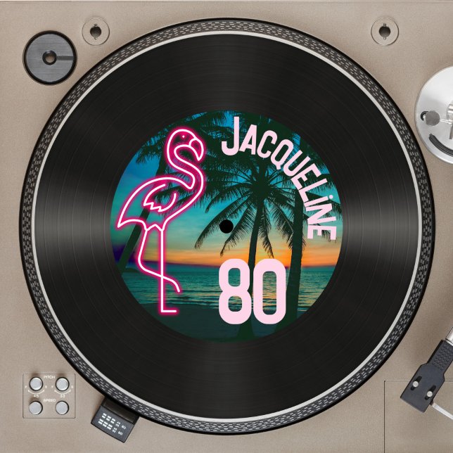 Invitation Retro Record Tropical Neon Flamant rose 80e annive (Créateur téléchargé)