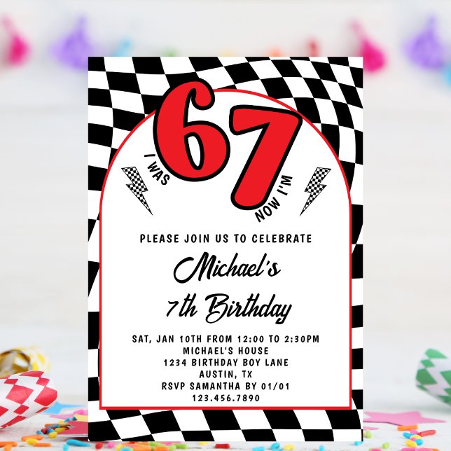 Invitation Retro Red Black Checkered 6 7 Boy 7th Birthday  (Créateur téléchargé)