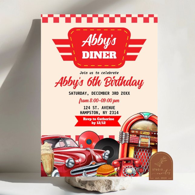 Invitation Retro Red Car 1950s Diner Party (Créateur téléchargé)