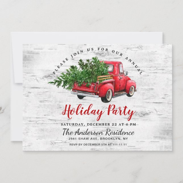Invitation Retro Red Farm Truck Birk Bark Fête de Noël (Devant)