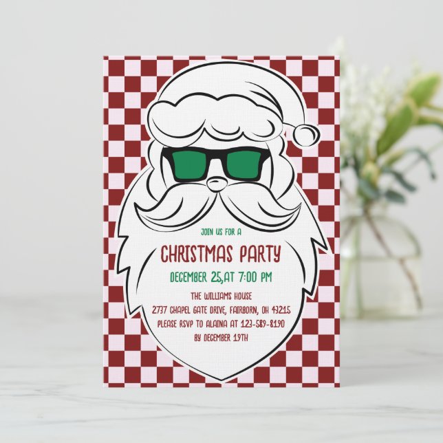 Invitation Retro Red Pink Checkered Santa Claus Christmas  (Debout devant)