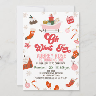 Invitation Retro Red Pink Oh What Fun Noël 1er Anniversaire