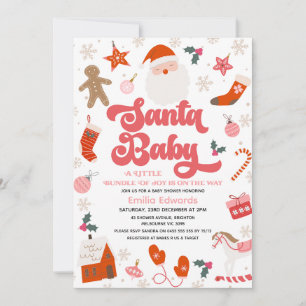 Invitation Retro Red Rose Girls Père Noël Baby shower bébé