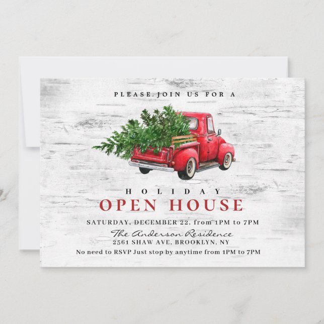 Invitation Retro Red Truck Birch Noël VACANCES OUVERTES MAISO (Devant)