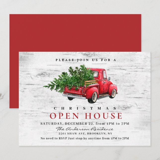 Invitation Retro Red Truck Birch Noël VACANCES OUVERTES MAISO (Devant / Derrière)