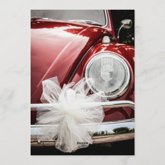 Invitation Retro Red VW Beetle Car White Bow Wedding Invitati