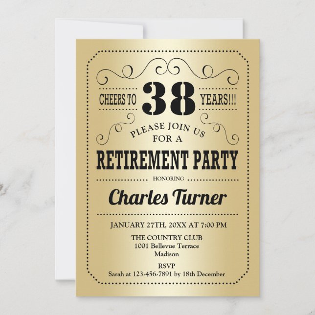 Invitation Retro Retirement Party - Gold Black (Devant)