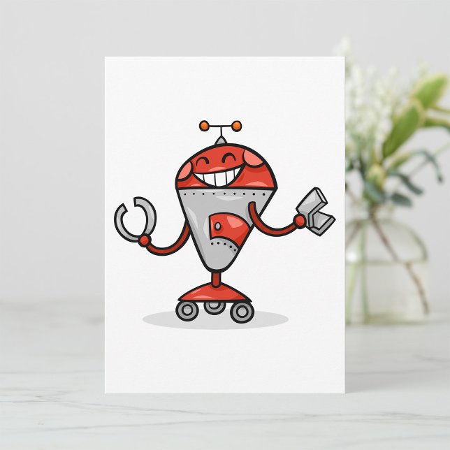 Invitation Retro Robot Cartoon amusant Rouge et Argent AI Bot (Créateur téléchargé)