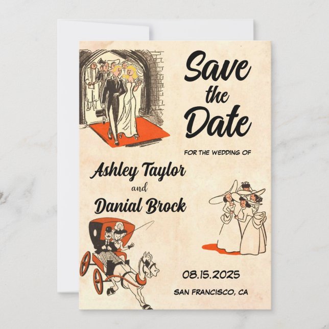 Invitation Retro Romantic Couple Comic Wedding Enregistrer la (Devant)
