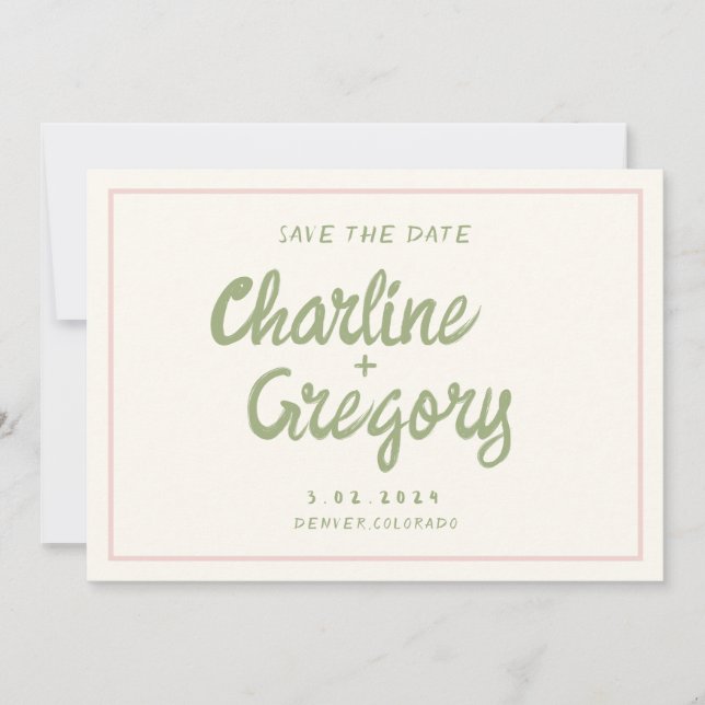 Invitation Rétro rose écriture de mariage Enregistrer la date (Devant)