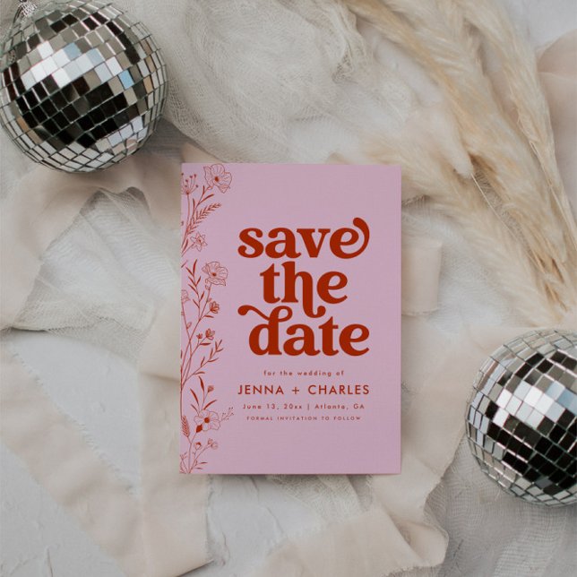 Invitation Retro Rose Et Rouge Floral Enregistrer La Date (Créateur téléchargé)