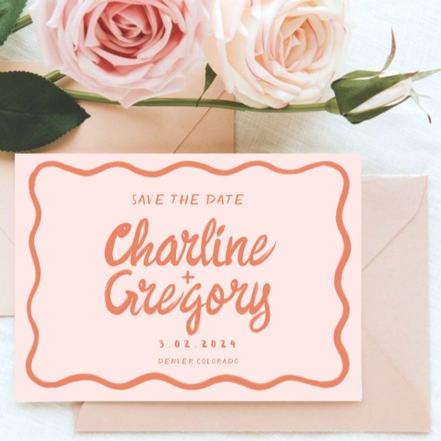 Invitation Retro rose Peachyécriture de mariage Enregistrer l (Créateur téléchargé)