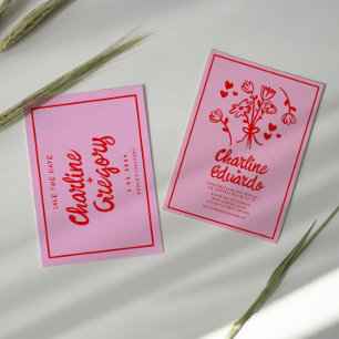 Invitation Rétro rose rouge écriture de mariage Enregistrer l