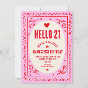Invitation Rétro rose rouge manuscrit 21E fête d'anniversaire