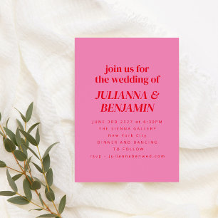 Invitation Retro rose vif rouge moderne tout en un Mariage