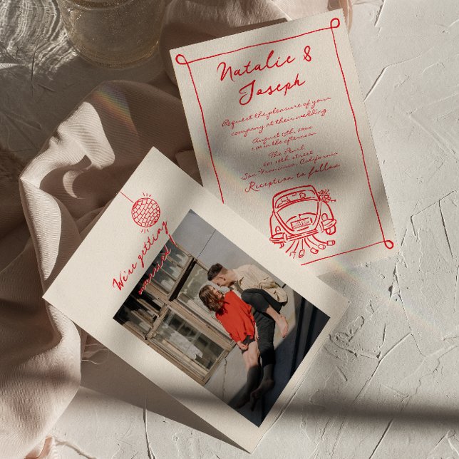 Invitation Retro Rouge main dessinée Écrit mignon Mariage pho (Créateur téléchargé)