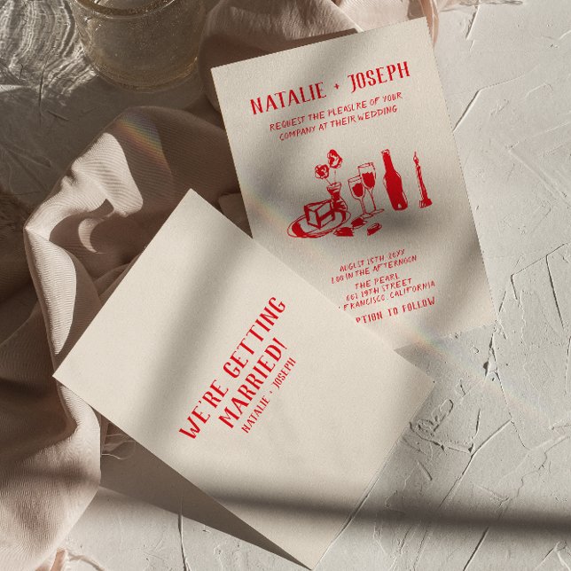 Invitation Retro Rouge main tiré Scribble Quirky Chic Mariage (Créateur téléchargé)