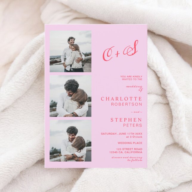 Invitation Retro rouge rouge chaud décontracté initiales mari (Retro hot pink red casual initials photo wedding invitation)