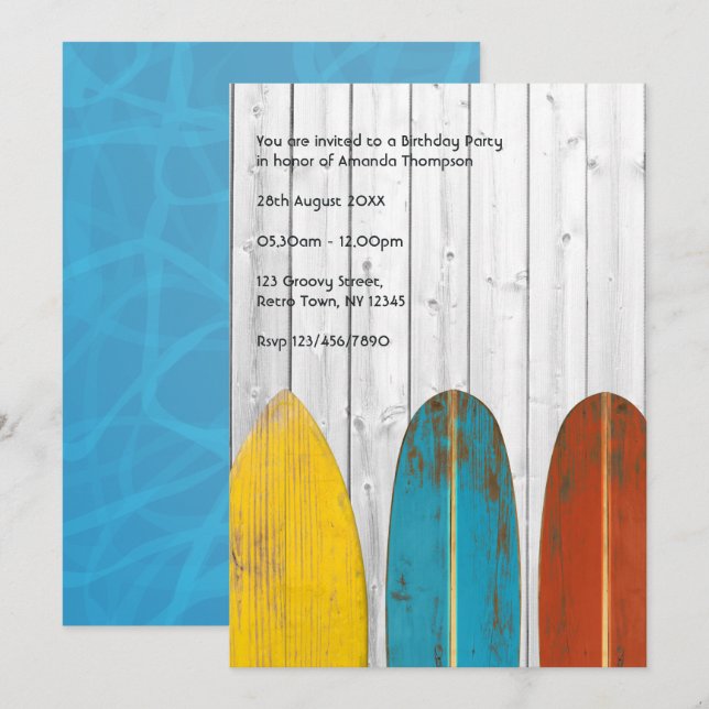 Invitation Retro Rustic Surfer Beach fête d'anniversaire (Devant / Derrière)