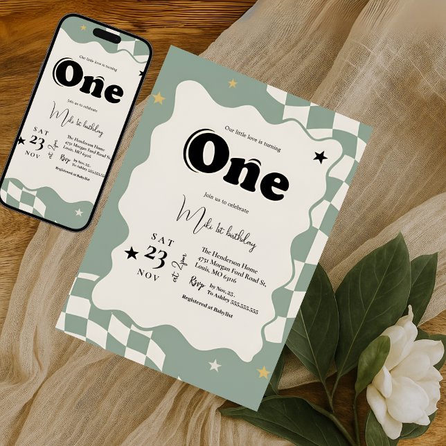 Invitation Retro Sage Green Checkered Groovy One 1st Birthday (Créateur téléchargé)