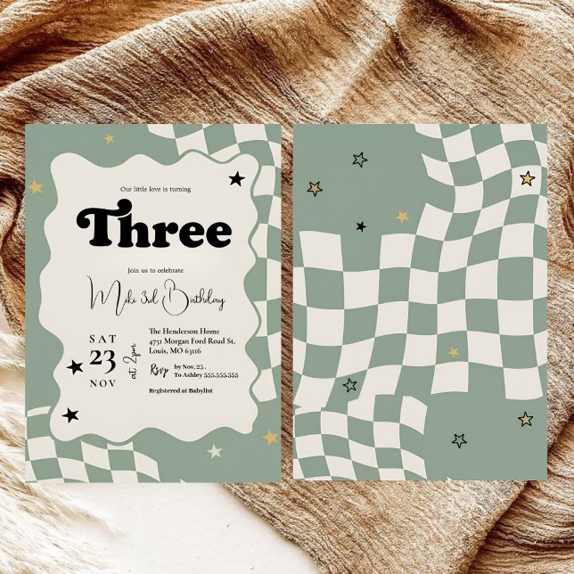 Invitation Retro Sage Green Checkered Young Wild 3rd Birthday (Créateur téléchargé)
