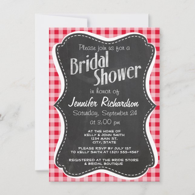 Invitation Retro Scarlet Red En vichy ; Chalboard look (Devant)