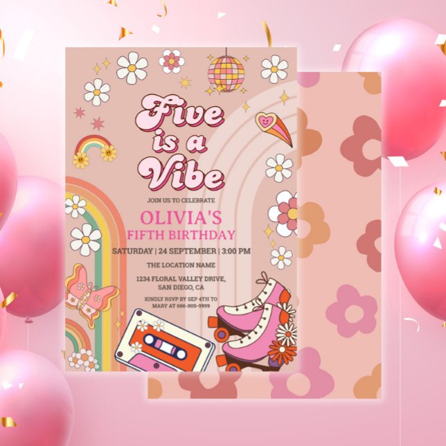Invitation Retro Skate Five est un Anniversaire Super (Retro groovy 90s 5th birthday girl party invitation)