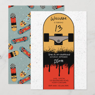 Invitation Retro Skateboard Blue Cool Skateboarder Anniversai