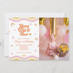 Invitation Retro sourit Young Wild et Three Birday Photo