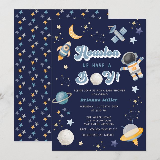 Invitation Retro Space Houston Nous Avons Un Garçon Baby Show (Devant / Derrière)