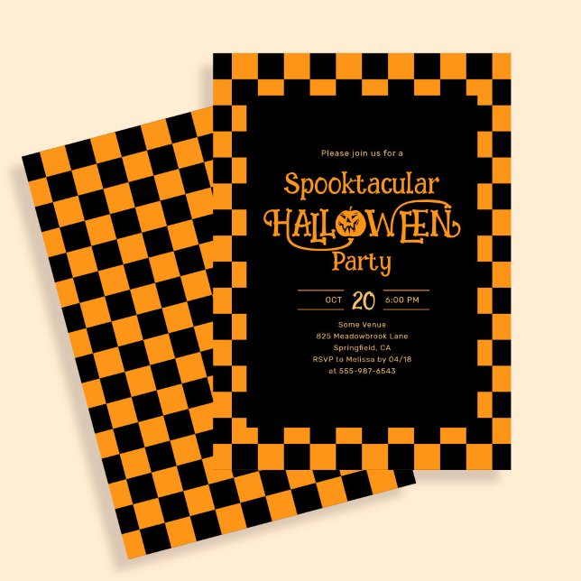 Invitation Retro Spooktacular Halloween Checkered Orange (Créateur téléchargé)