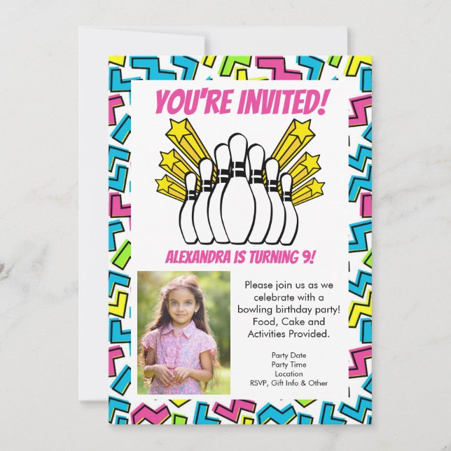 Invitation Retro Stars Girls Photo Bowling Party Anniversaire (Devant)