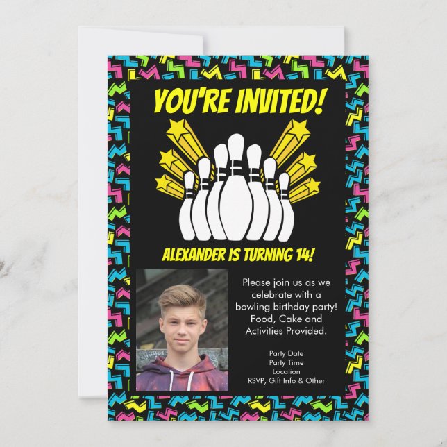 Invitation Retro Stars Photo Bowling Party Anniversaire (Devant)