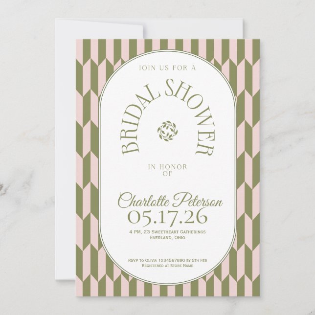 Invitation Retro stripe olive pink typography Bridal Shower (Devant)