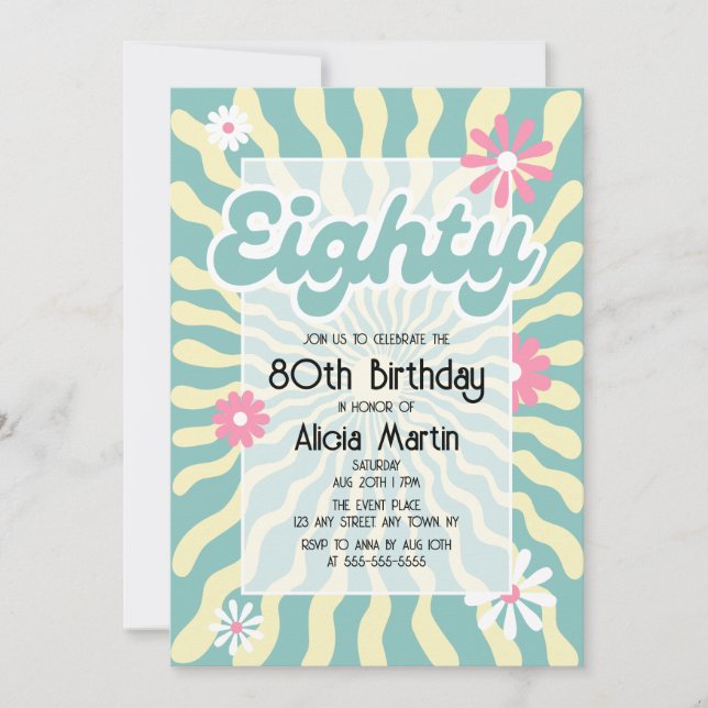 Invitation Retro Sun Wave Daisy 80e anniversaire (Devant)