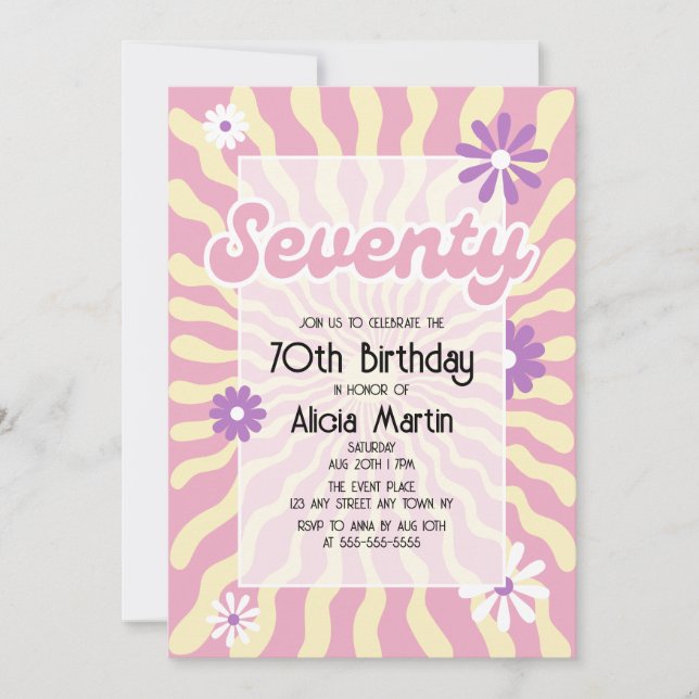 Invitation Retro Sun Wave Daisy rose 70e anniversaire Invitat (Devant)