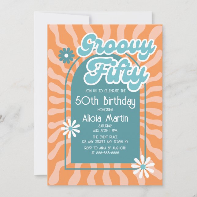 Invitation Retro Sun Wave Daisy Vert Super 50e anniversaire (Devant)