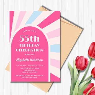 Invitation Retro Sunburst Arch Typographie Anniversaire rose